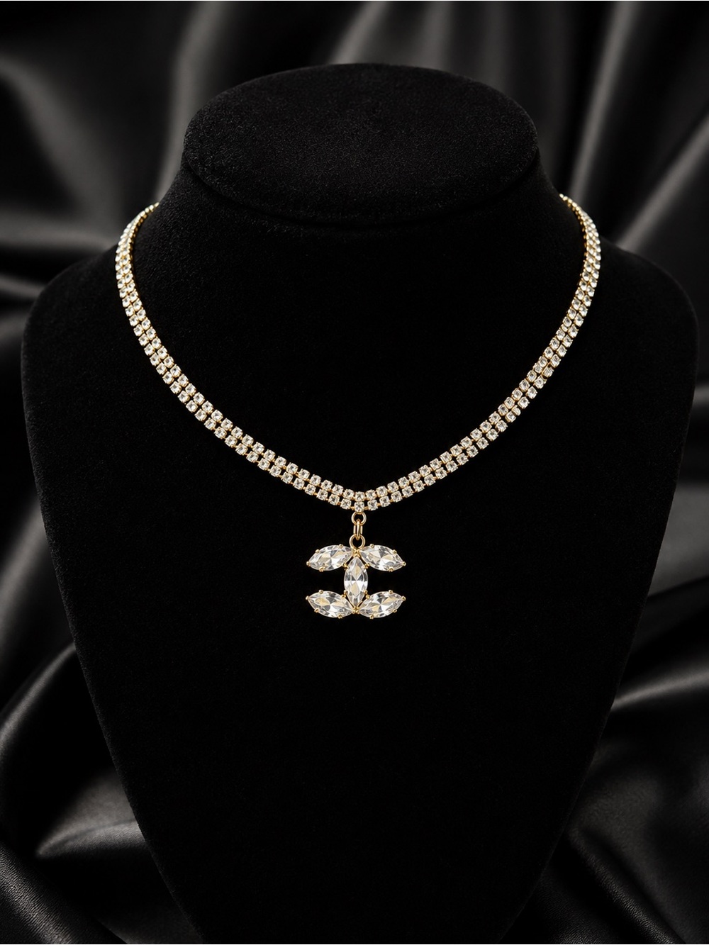 Gold Rhinestone Crystal CC Pendant Choker Necklace